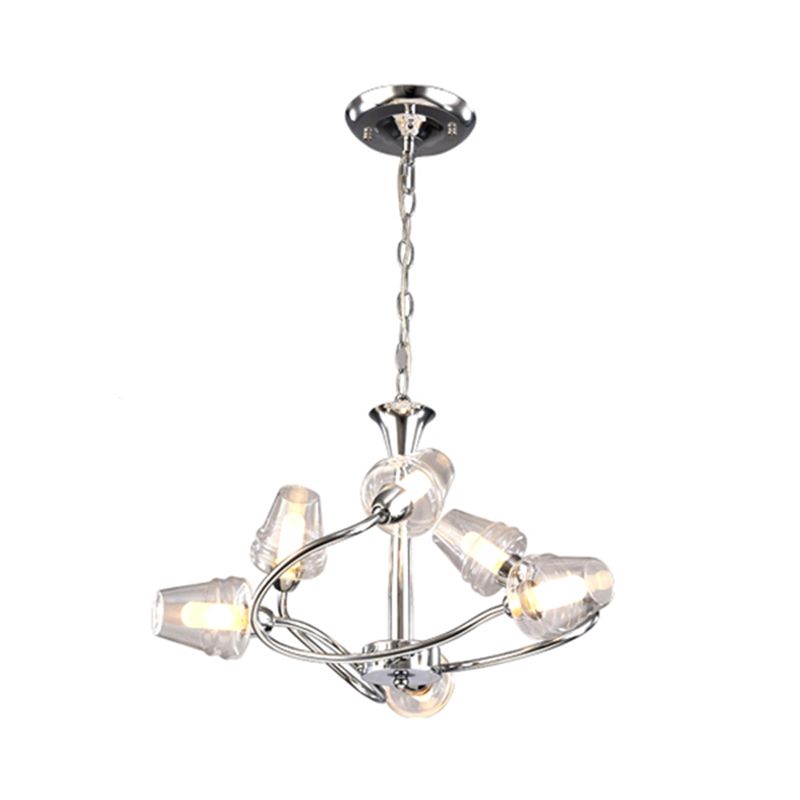 Cone Chandelier Lighting Modernist Clear Glass Multi Lights Led Chrome Ceiling Pendant Lamp with Curved Arm and Chain