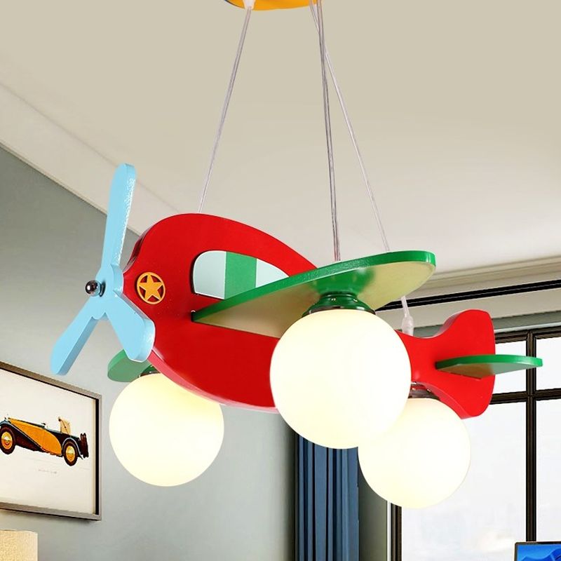 3-Head Nursery Ceiling Pendant Lamp Cartoon Red/White Plane Chandelier with Ball Cream Glass Shade, Warm/White Light