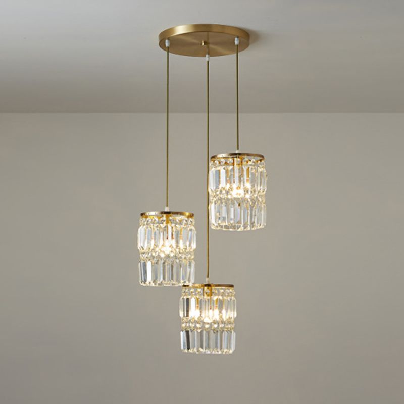 Contemporary Cylinder Hanging Pendant Tri-Prism Crystal 3 Heads Dining Room Multi Light Chandelier in Brass