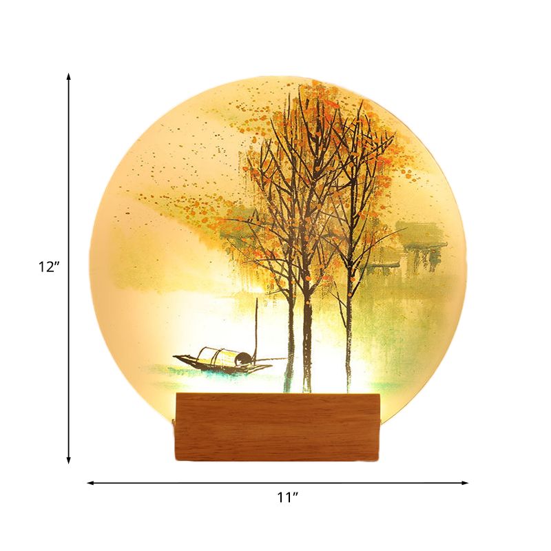 Goldfish/Boat Bedside Mural Lamp Acrylic Asian LED Disc Wall Light Sconce with Wooden Arm