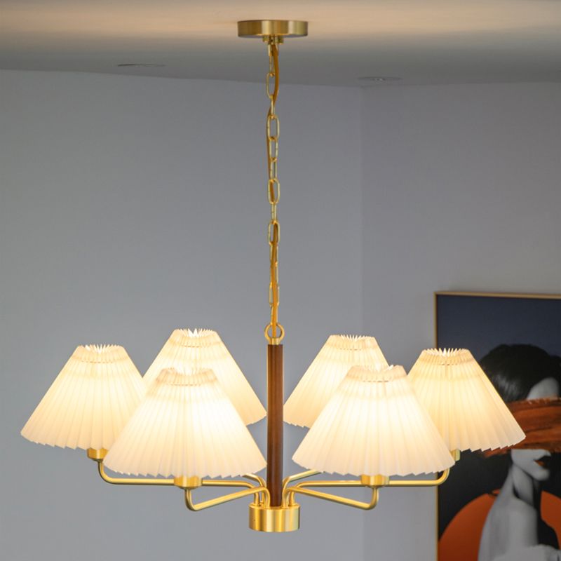 Tapered Hanging Lamp Vintage Walnut Wood Chandelier with Fabric Shade for Bedroom