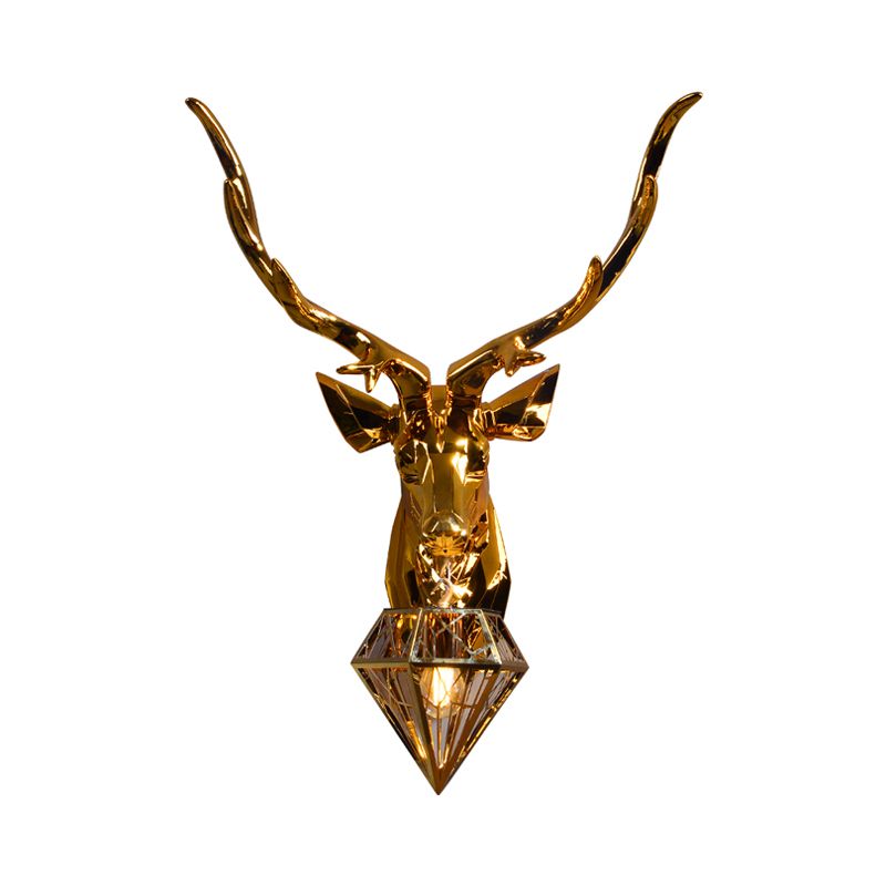 1 Light Resin Wall Lamp Fixture Rustic Silver/Gold Diamond Indoor Sconce Light with Deer Backplate, 14.5"/19.5" W