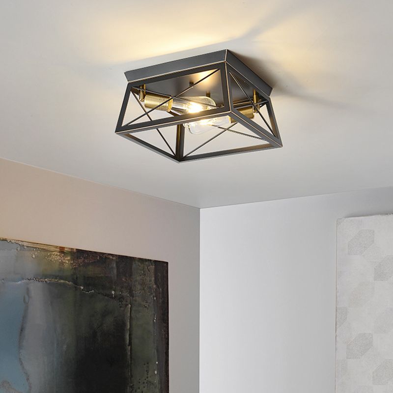 2-Lights Industrial Style Ceiling Light Rectangle Iron Cage Design Retro Flush Mount Lamp in Black
