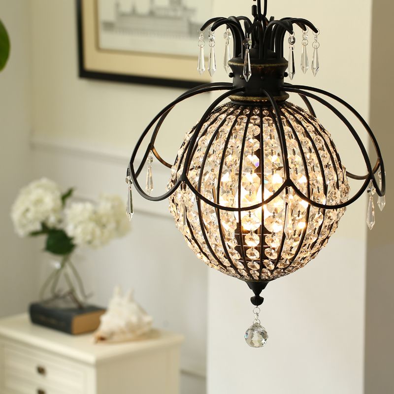 Pineapple Crystal Pendant Chandelier Vintage 3-Light Black Hanging Lamp for Dining Room