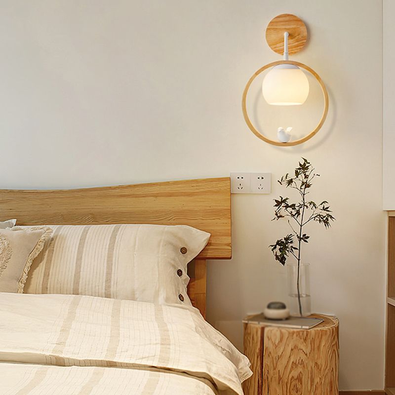 Round Shape Wood Vanity Sconce Light Modern Style 1-Light Vanity Mirror Lights