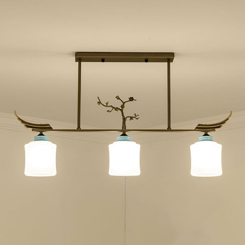 Modern Style Cylindrical Shape Island Lights White Glass 3 Light Island Lighting in Bronze