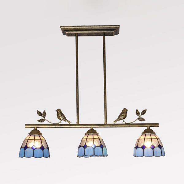 3 Bulbs Indoor Island Pendant Light Tiffany Style Antique Brass/Black/Blue Hanging Light with Dome Stainless Glass Shade