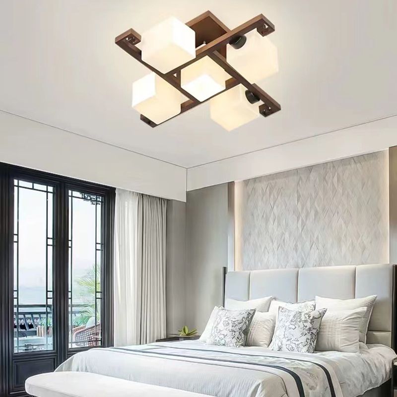 Modern Style Ball Shape Flush Mount Wood Ceiling Light in Brown for Living Room