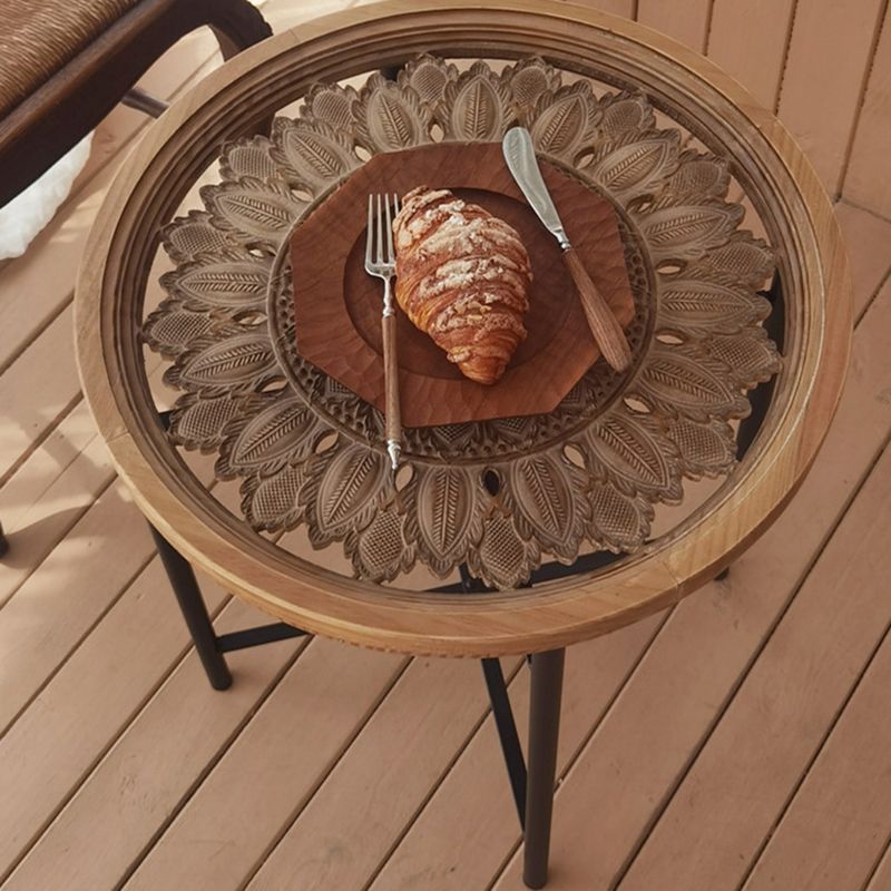 Dia 19.7" Cross Legs End Table Distressed Wood Side Table with Engraved Design