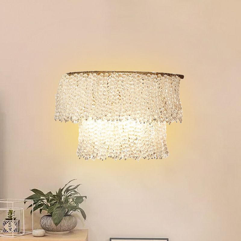 Crystal Bead Strand 2-Layer Sconce Lamp Modernism 2 Lights Bedside Wall Lighting in Gold