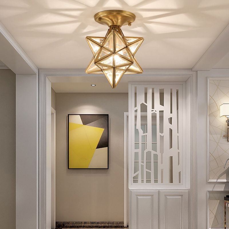 Plafonnier étoile en cuivre à montage encastré d'intérieur de luxe colonial avec abat-jour en verre