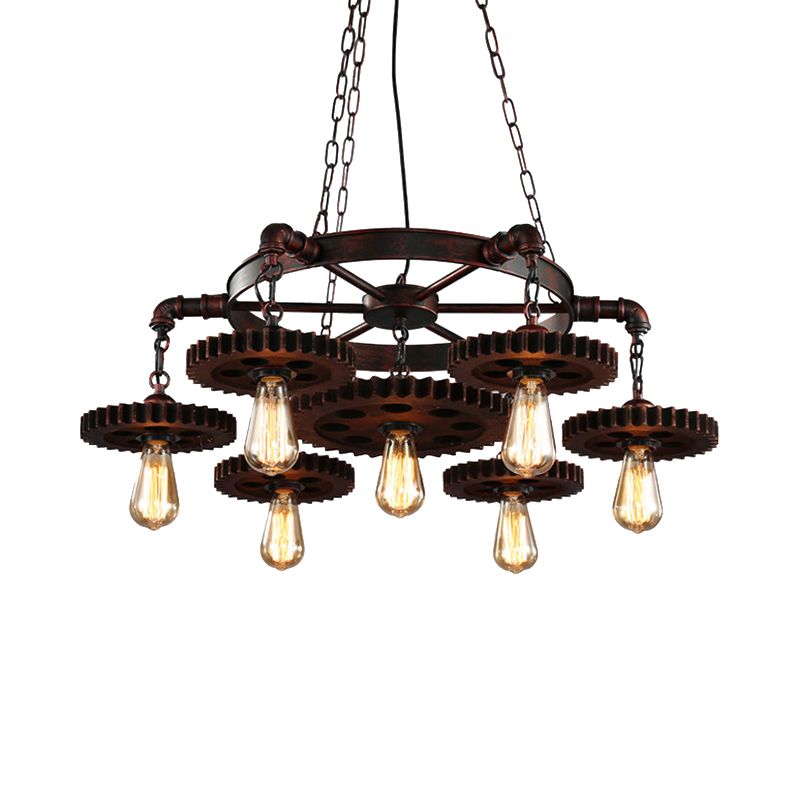 Gear Design Whited Iron Chandelier Light Retro Style 7 Heads Living Room Pendant lampe à la rouille