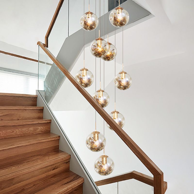 10 bollen Amber Dimpled Glass Pendant Contemporary Gold Ball Woonkamer Multi Light kroonluchter