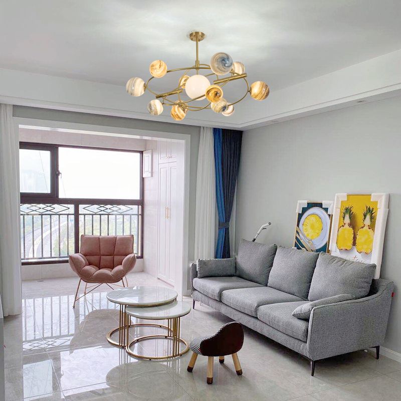 Multi Light Glass Sphere Chandelier Light Gold Pendant Light for Living Room