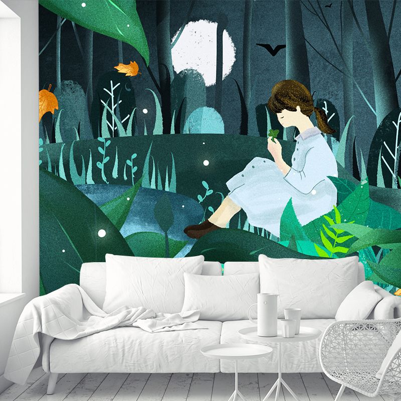 Childrens Art Moon Night Mural Green Girl in Forest Wall Decor for Bedroom, Custom-Print
