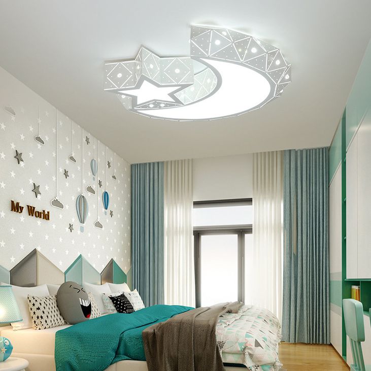 Nordic White Metal Flush Mount Light Fixture Cartoon Moon Flush Mount Spotlight for Kids Bedroom