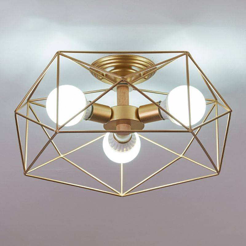 Industrial Flush Light Fixtures Cage-Shaped Iron Flush Mount Lamps for Bedroom