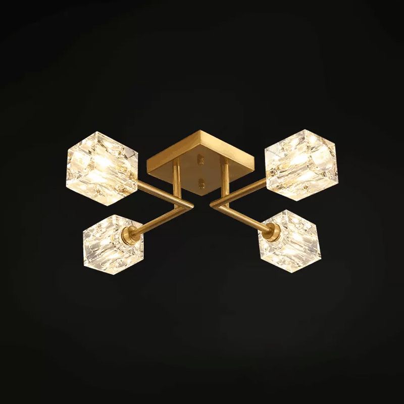 4/12/16 Heads Semi Flush Chandelier Postmodern Ice Cube Crystal Flush Mounted Light in Brass