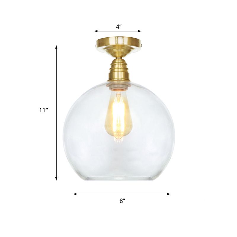 1 Light Spherical Semi Flush Light Brass Industrial Clear/Amber Glass Ceiling Mount, 8"/10"/12" Wide