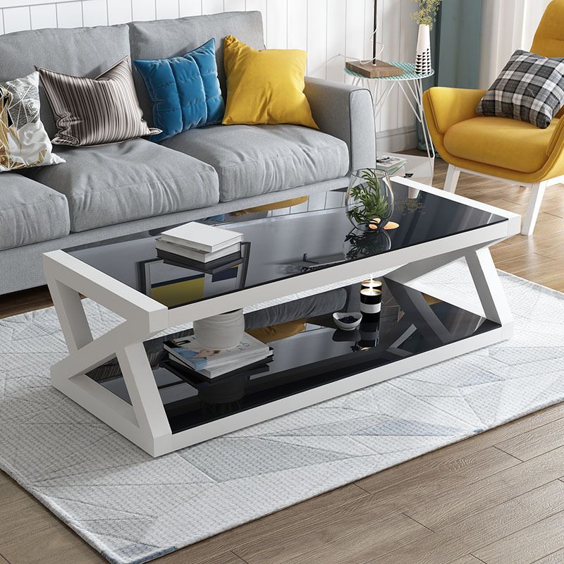 Abstract Base Rectangular Modern Style Glass Table Metal Bottom Frame Coffee Table