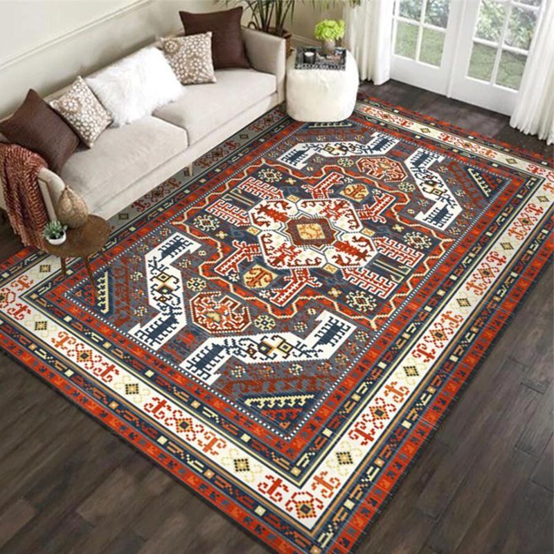 Tribal Southwestern Rug in Red and Grey Geometric Pattern Rug Polyester Anti-Slip Carpet for Home Decoration