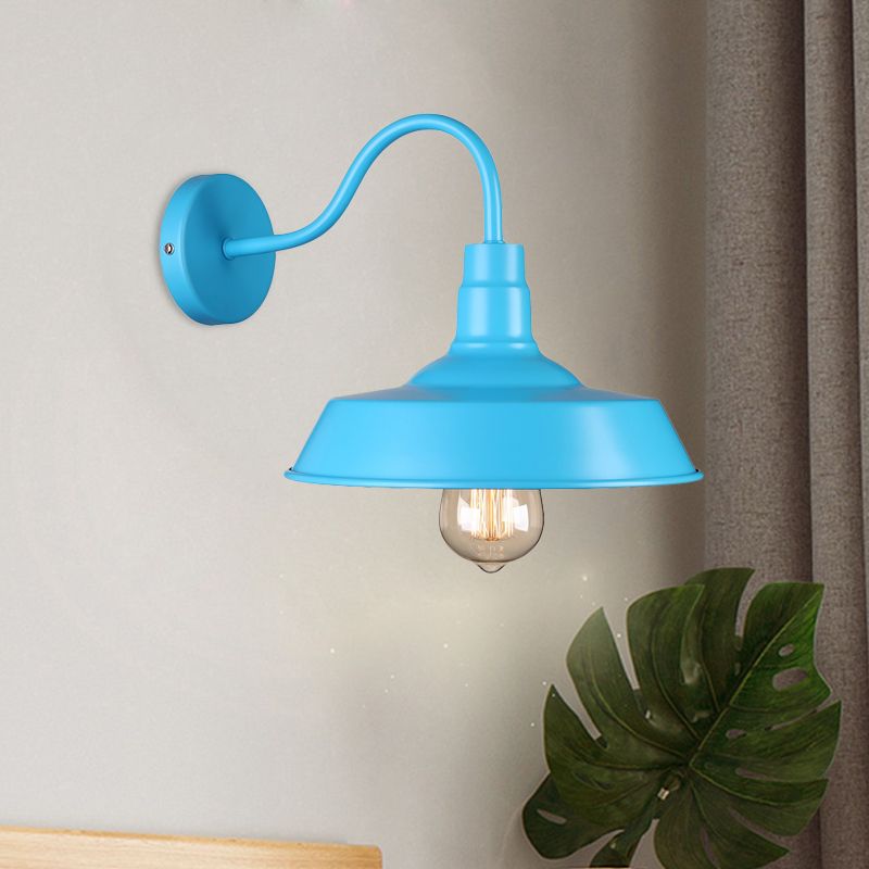 Lámpara de apliques de pared de granero con estilo industrial 1 iluminación de pared de apliques metálico de bombilla con brazo de cuello de cisne en azul/rosa, 10 "/14" de ancho