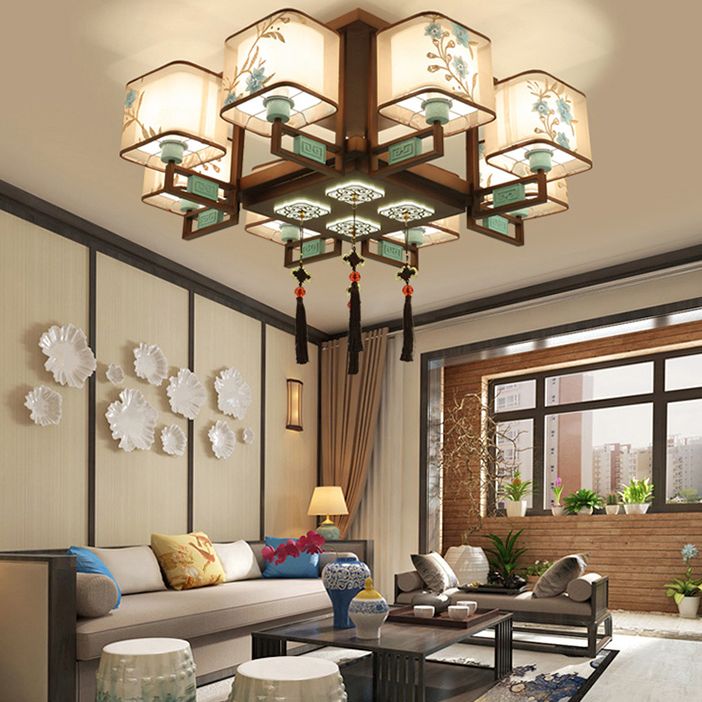 Plafonnier encastré en tissu de style chinois, 4/6/8 ampoules, pour salon