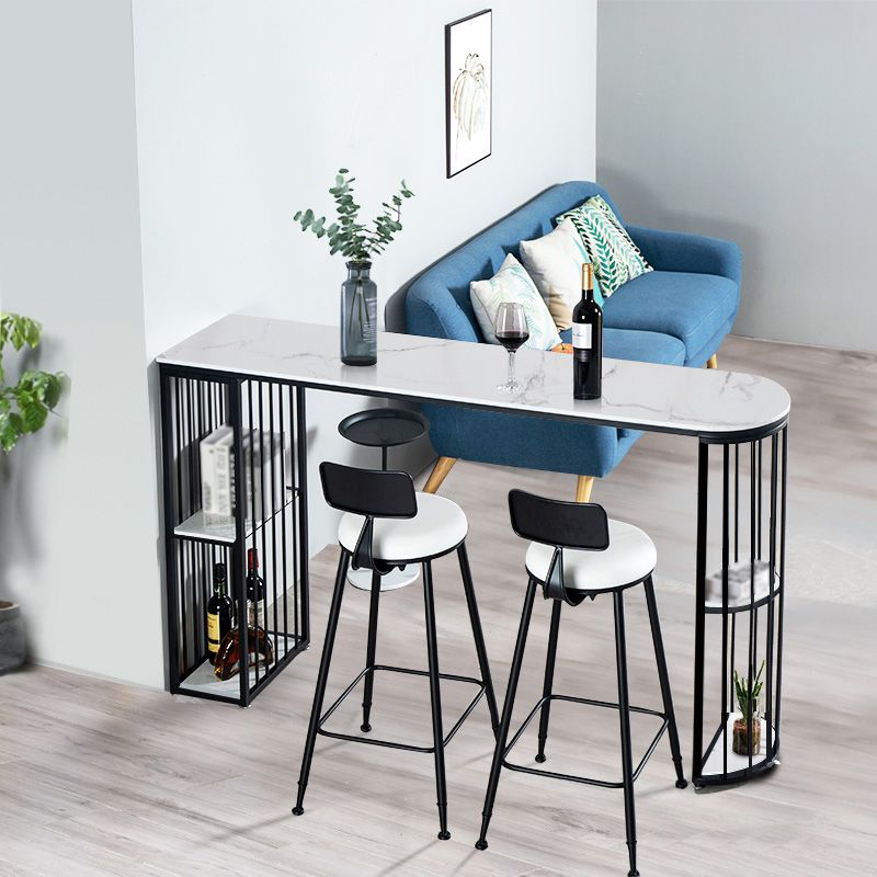 Glam White Faux Marble Pub Bar Table Iron Double Pedestal Bar Dining Table with 4-Shelf