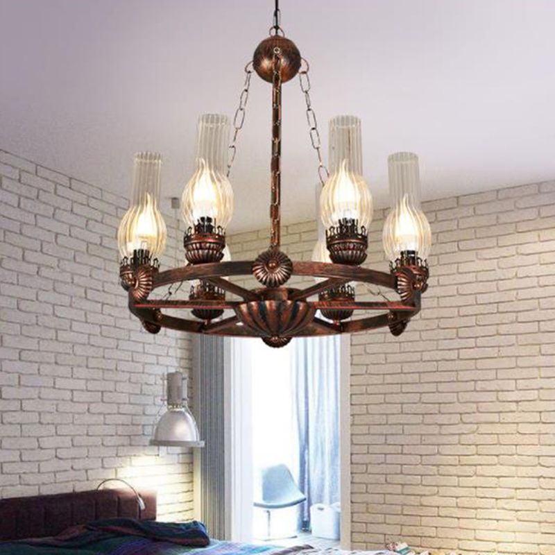 6 Bulbs Wagon Wheel Chandelier Light Traditional Clear Ribbed Glass Hanging Ceiling Fixture in Copper