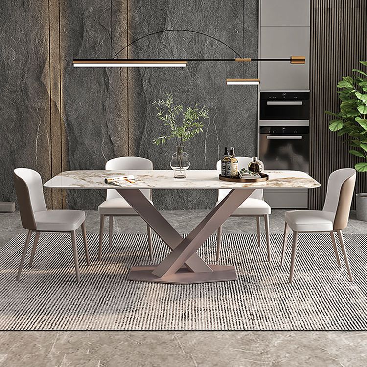 Modern Rectangle Dining Table Sintered Stone Table with Pedestal Base