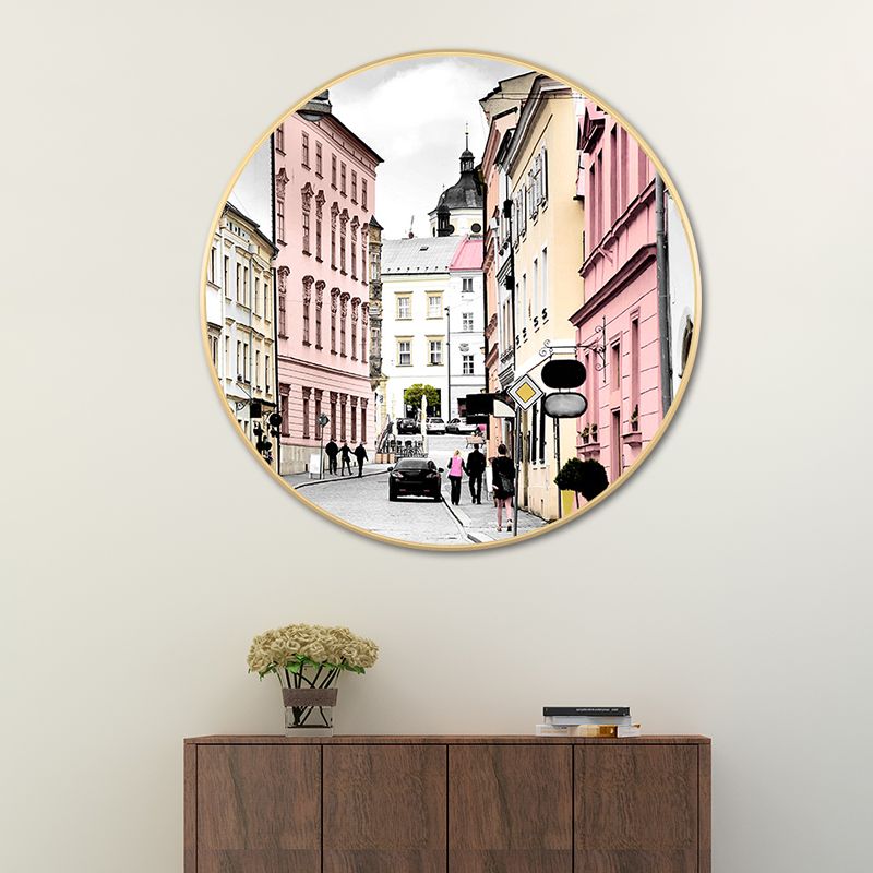 City Architecture Wall Art Decor Modern Canvas Textured Painting in Pink, Multiple Sizes