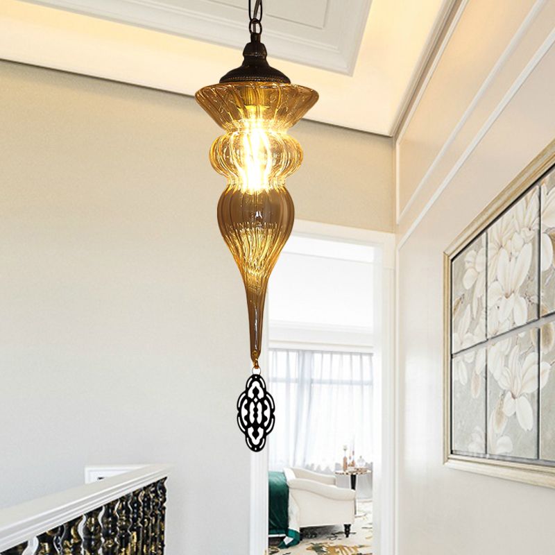 Vintage Urn Drop Lamp 1 Head Prismatic Amber Glass Pendant Ceiling Light in Brass for Restaurant