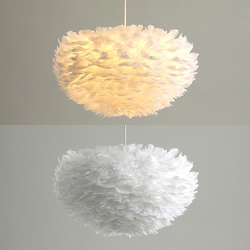 Shaded Hanging Ceiling Light Minimalism Feather Bedroom Chandelier Pendant Light in White