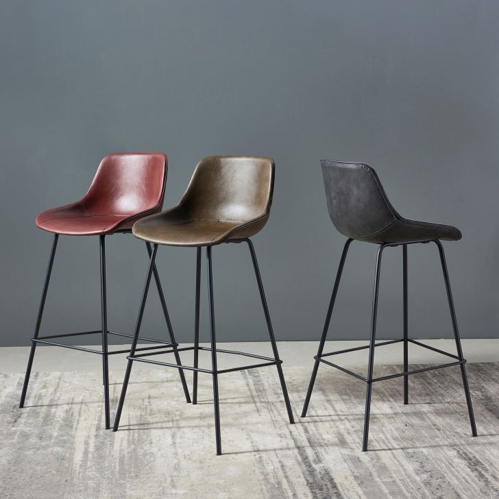 Contemporary Footrest Restaurant Stool Matte Finish Leather Barstool