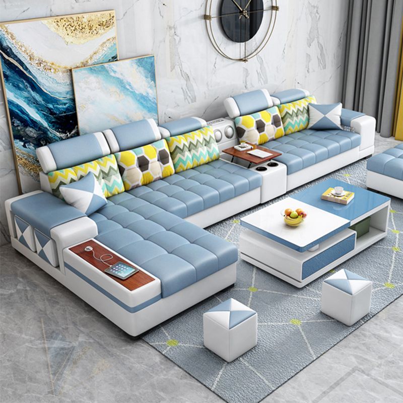 Contemporary Solid Wood Faux Leather Pillow Top Arm Sofa with Storage