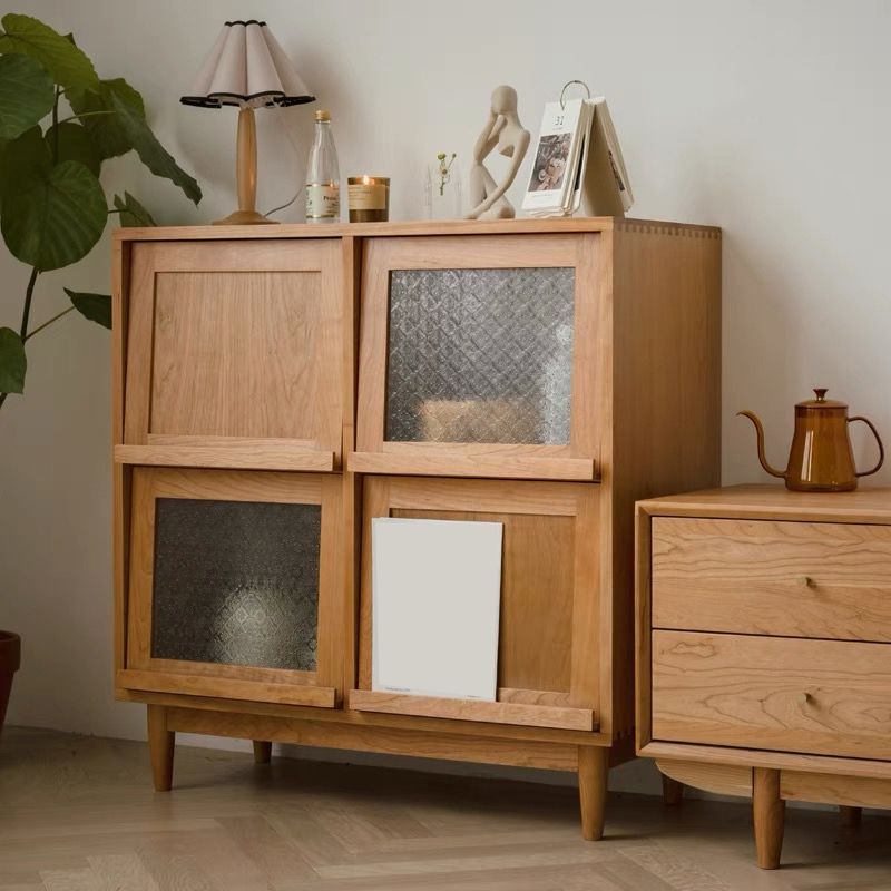 Mid-Century Modern Natural Cabinet with 4 Doors in Pine Wood