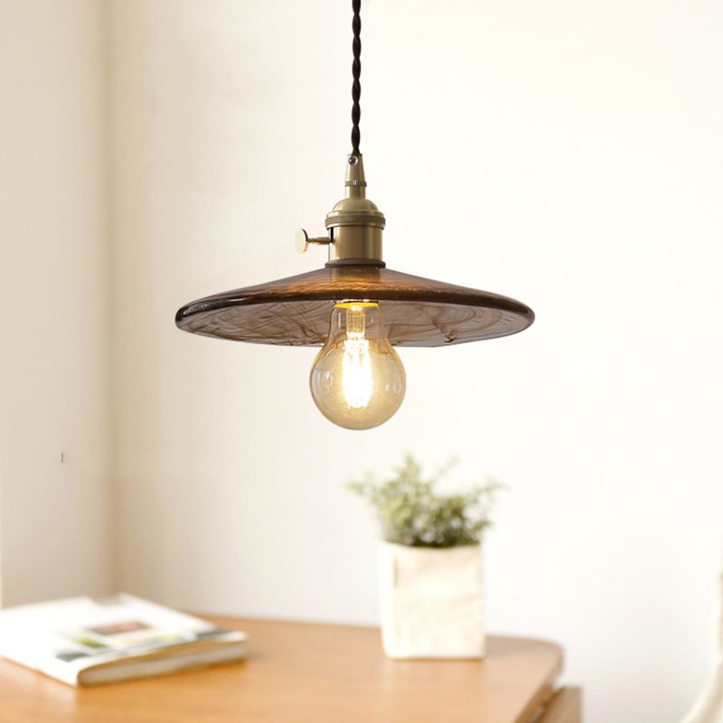 Amber Glass Flared Suspension Lighting Retro Style 1 Head Restaurant Pendant Ceiling Light