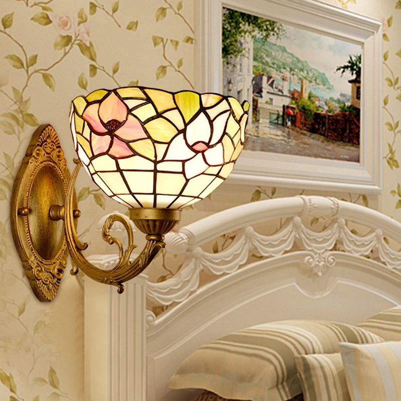 Cut Glass Dome Wall Mount Light Mediterranean 1-Bulb Gold Finish Flower Patterned Wall Lamp with Curved Arm