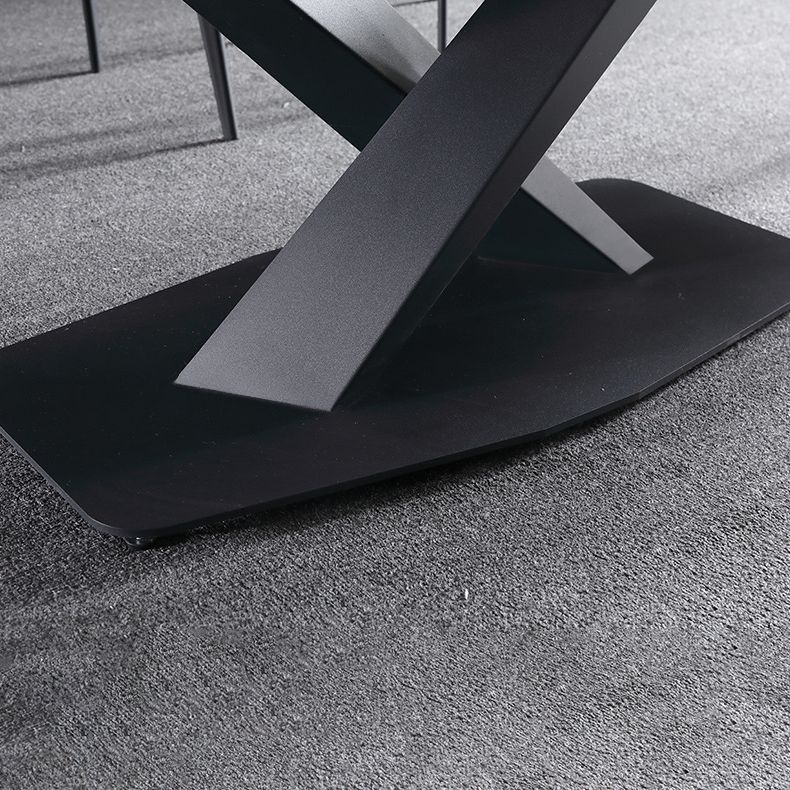Stone Top Dining Table Modern Rectangle Table with Metal Base in Black