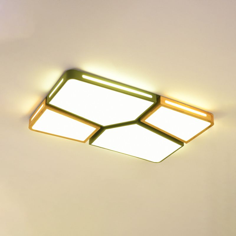 Modern Spliced Rectangle Flush Mount Wooden 35.5"/45" Wide LED Bedroom Ceiling Flush Light in Grey/White/Green