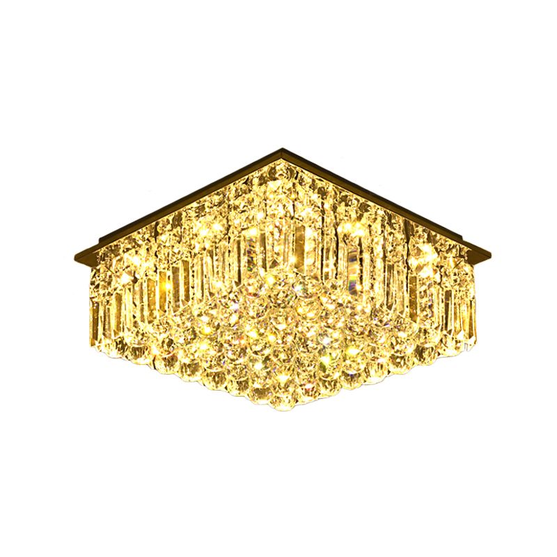 Stainless-Steel Square Ceiling Light Modern Clear Bevel Cut Glass LED Flush Mount Lighting for Bedroom