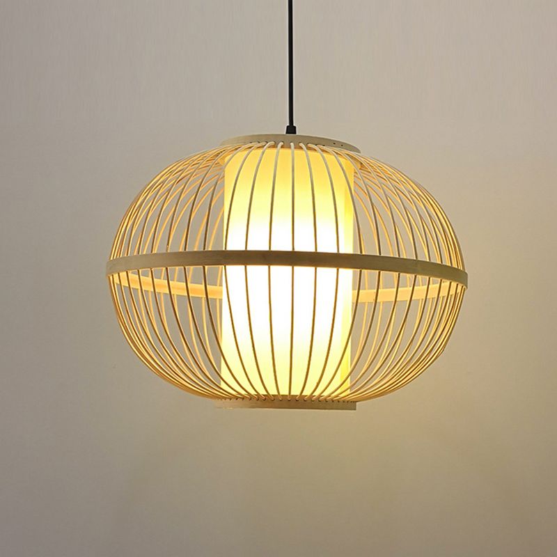14 "/16" /23.5 "W ovale suspensieverlichting Aziatische bamboe 1-licht beige hanger lichtarmatuur met binnenschaduw