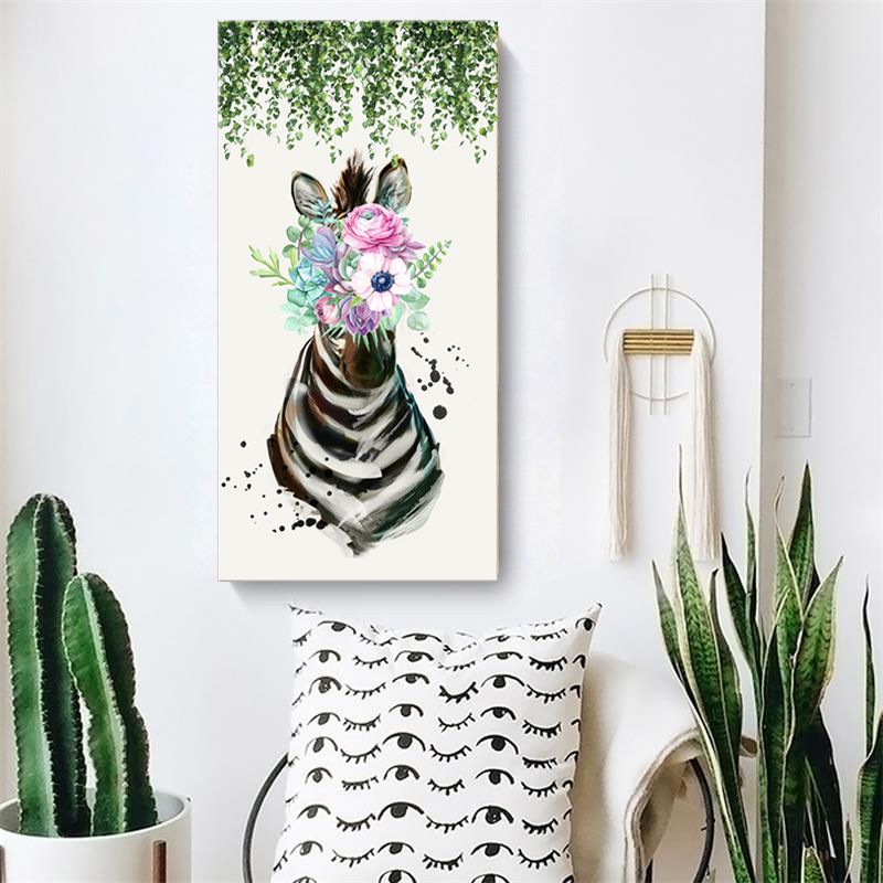 Animal with Flower Head Painting Modern Stylish Textured Girls Bedroom Canvas Wall Art