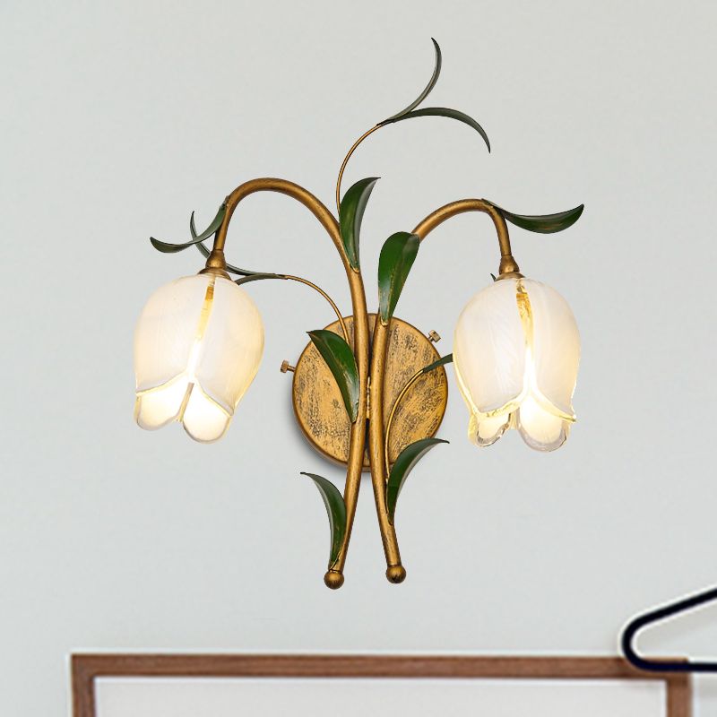 Brass Petal Wall Mount Lighting Rural White/Yellow Glass 2/3 Lights Living Room Sconce Light Fixture