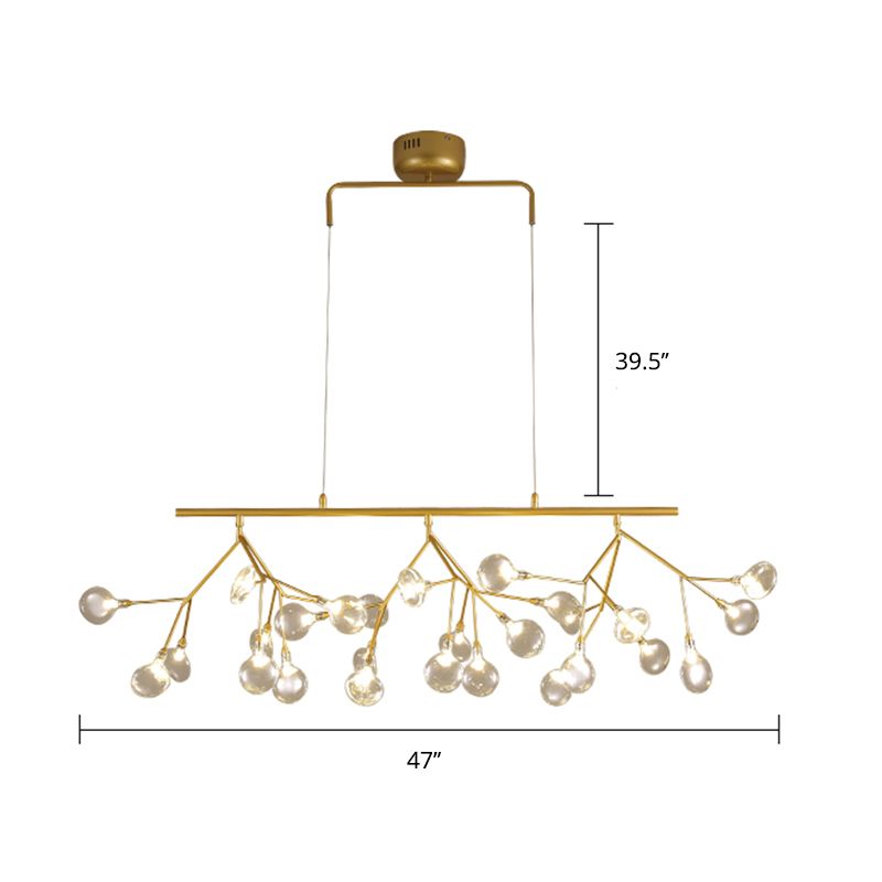Minimalist 27-Bulb Island Light Brass Finish Branch Hanging Lamp with Glass Shade