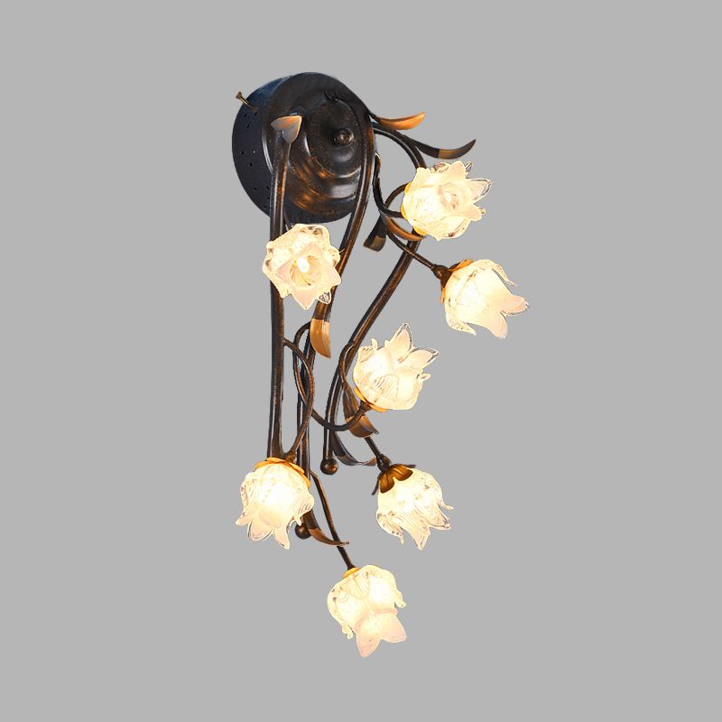 7 Lights Wall Mounted Light Rustic-Style Blossom Shaped Clear Glass Sconce in Bronze for Bedroom