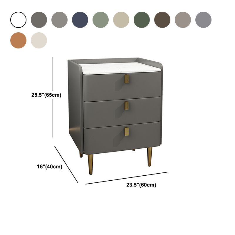 Faux Leather Nightstand Modern 3 - Drawer Nightstand with Stone Top