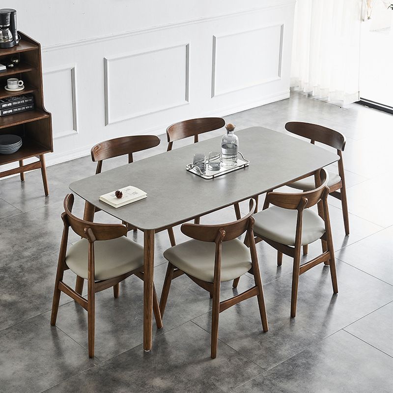 Gray Stone Top Dining Table Mid-Century Modern Table with 4 Wood Legs