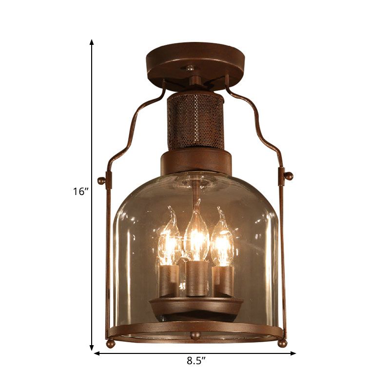 3-Light Ceiling Light Fixture with Dome Shade Clear Glass Rustic Living Room Semi Flush in Rust