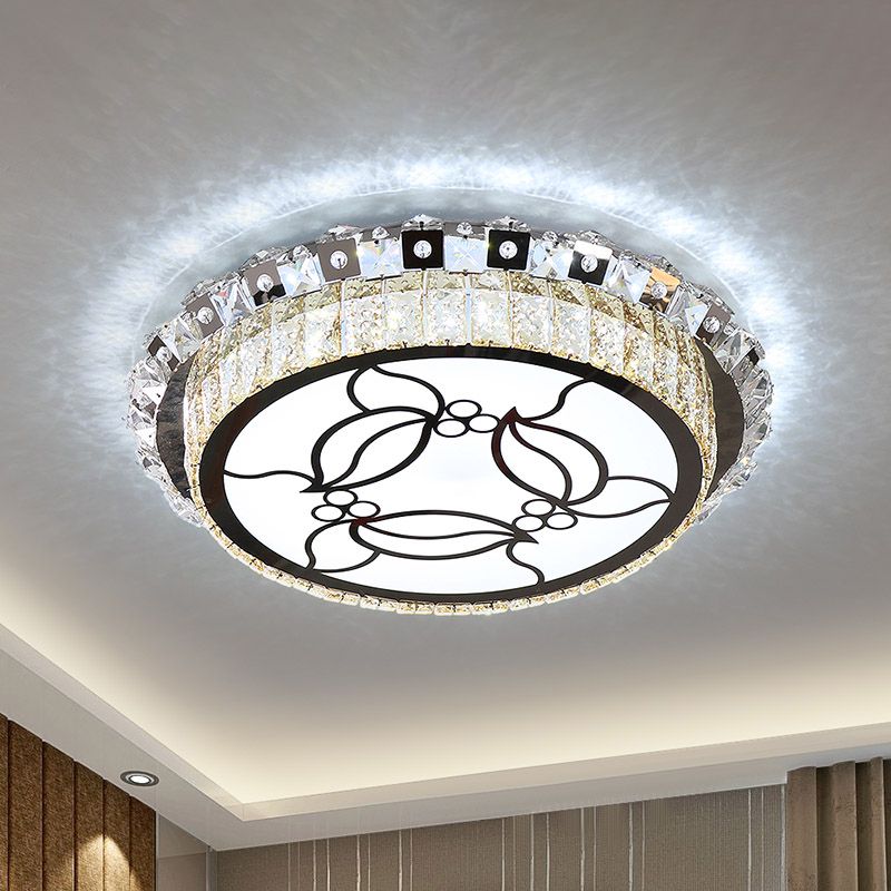 Lampada da soffitto moderna in cristallo smussato rotondo a LED in acciaio inossidabile con motivo a foglie